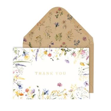 Imagem de Whaline 24 cartões de agradecimento flores silvestres cartões de felicitações cartão floral com adesivo envelope para chá de bebê primavera suprimentos de convite de festa de casamento, 10 x 15 cm