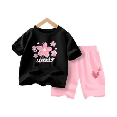 Imagem de Conjunto De Roupas De Verão Para Meninas Camiseta Com Flores E Shorts 
