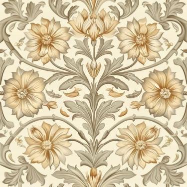 Imagem de MuralPeel Papel de parede vintage amarelo pálido e cinza flor damasco autoadesivo removível fácil de remover no papel de parede para locatário de armário de quarto