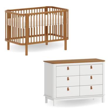 Imagem de Berço 3 em 1 Evolutivo e Cômoda 6 gavetas Cromo  Branco com Nogueira -