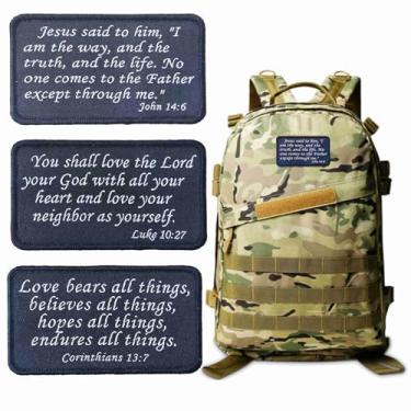 Imagem de 3 peças de patch de versículo religioso da Bíblia - Remendos bordados com citações da Bíblia com gancho e laço para mochilas táticas, equipamentos militares e roupas de fé (preto)