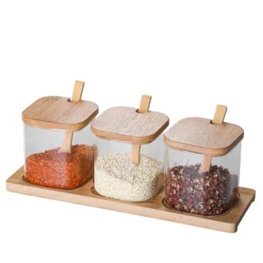 Imagem de Conjunto 3 Potes de Vidro Quadrados 350ml com Tampa de Bambu, Colher e Suporte – Porta Temperos Premium para Cozinha