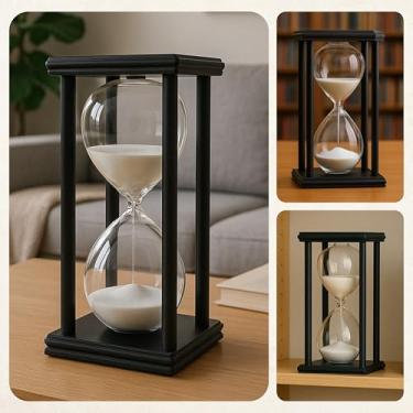Imagem de Ampulheta Relógio Decorativa Mesa Vidro e Madeira 60 Minutos Vintage Retrô Areia Branca Enfeite Objeto Decoração Escritório Sala Quarto Consultório Home Office Luxo
