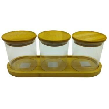 Imagem de Kit Bandeja Bambu + 3 Potes Vidro Mantimento Hermético 500Ml - Kadê
