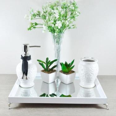 Imagem de Bandeja Espelhada Lavabo Banheiro "G" madeira Branca 22x32x4cm pés de 