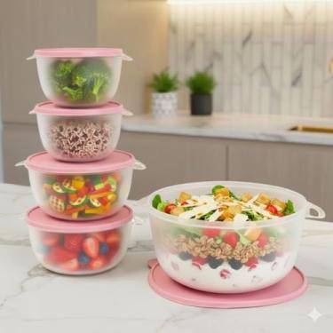 Imagem de Kit 5 Potes Plastico Redondos Bowl Livre Bpa Cor:ROSA TRANSP - Casa Be