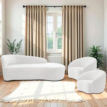 Imagem de Kit Divã Recamier Orgânico França 160cm Lado Direito E 2 Poltronas Amore Bouclé Branco