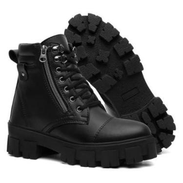 Imagem de Bota Feminina Tratorada Preta Cano Curto Coturno Casual Com Zíper Lateral Sola Alta Con...