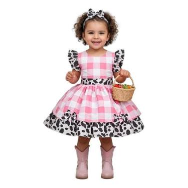 Imagem de Vestido Infantil Xadrez Branco Rosa Fazendinha Vaquinha Laço - banana 