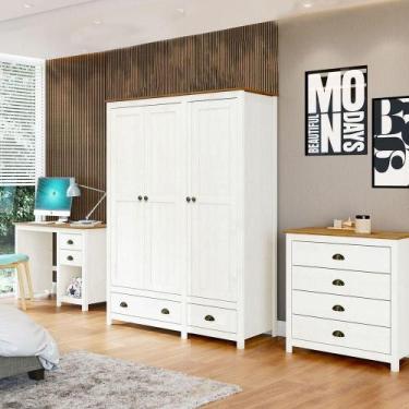Imagem de Conjunto Quarto Topázio 3 Portas 4 Gavetas Madeira Pinus 136 cm Branco
