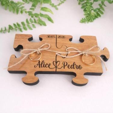 Imagem de Porta Alianças Rústico Quebra-cabeça Madeira MDF Casamento Boho Noivad