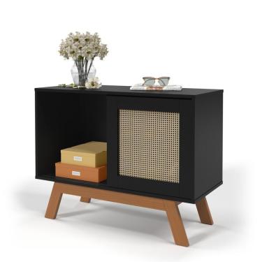 Imagem de Balcao Buffet Aparador Bar Porta de Correr Rattan pés em Madeira Preto Ofertamo