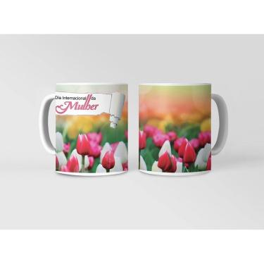 Imagem de Caneca ECF Dia da Mulher - Tulipas Vermelhas Brancas Rosas Porcelana Branca 325ml
