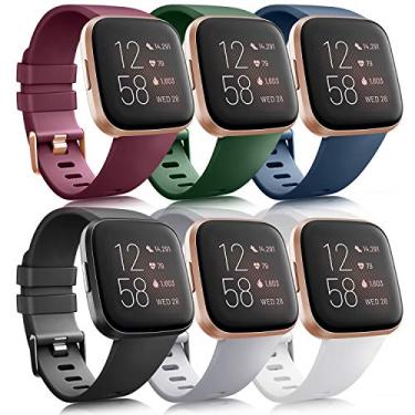 Imagem de Pacote com 6 pulseiras esportivas compatíveis com Fitbit Versa 2 / Fitbit Versa / Versa Lite / Versa SE, pulseiras de substituição de silicone macio clássicas para Fitbit Versa Smart Watch mulheres homens (pacote com 6 D, pequeno)