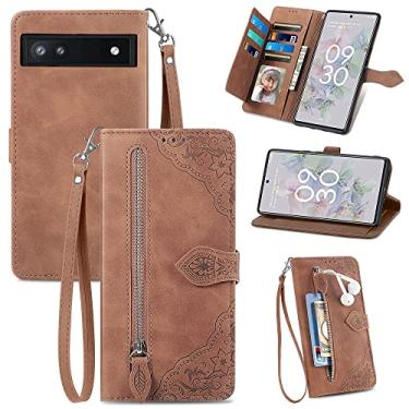 Imagem de Capas de telefone com slots de cartão de luxo Google Pixel 6a Pixel 6 uma capa de couro cordão de negócios suporte de zíper carteira clipe de telefone capas Google Pixel 6a (marrom, Google Pixel 6a)