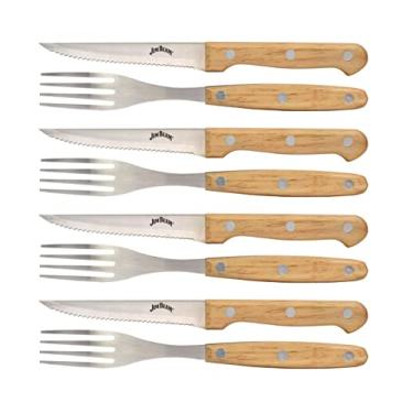 Imagem de Jim Beam Conjunto de 8 facas e garfos ideais para frango, carne de porco e mais, feitos de lâmina e contorno de aço inoxidável, médio, marrom claro, JB0208
