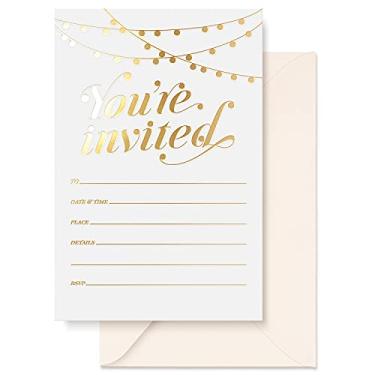 Imagem de Convites de festa! Convites tradicionais de 25 folhas de ouro com envelopes, convites de casamento, chá de bebê e noiva, convites de festa de aniversário e quinze anos para meninas