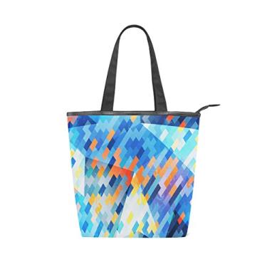 Imagem de Bolsa feminina de lona durável azul padrão geométrico grande capacidade sacola de compras bolsa de ombro