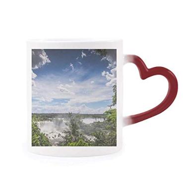 Imagem de Caneca verde floresta, cachoeira, ciência, natureza, cenário, sensível ao calor, caneca de grés que muda de cor vermelha