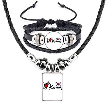 Imagem de I Love Korea Palavra Bandeira Amor Coração Ilustração Colar de Couro Pulseira Conjunto de Joias