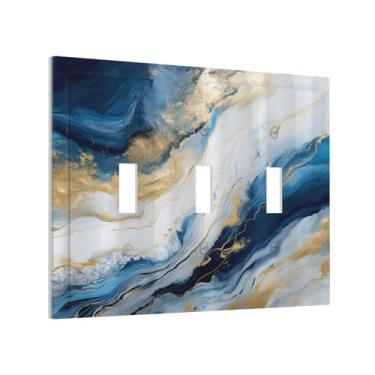 Imagem de Abstrato azul granito luxuoso aquarela mármore textura impressão 3 gangs interruptor de luz capas decorativas exclusivas triplo interruptor placa de parede placa elétrica placa de interruptor para banheiro quarto decoração
