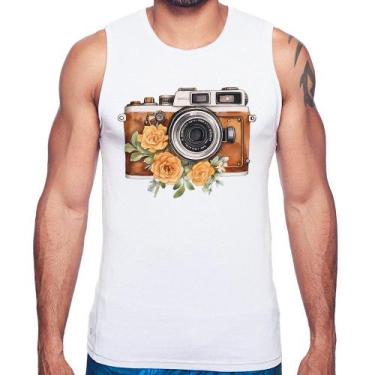 Imagem de Regata Máquina Fotográfica Vintage e Flores - Foca na Moda, Branco, G