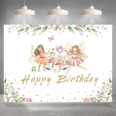 Imagem de Rsuuinu Pano de fundo de feliz aniversário para meninas, floral, fada, par-chá, país das maravilhas para fotografia, decoração de festa de aniversário, lembrancinhas, banner, mesa de bolo, adereços de