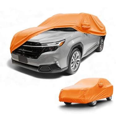 Imagem de Partuto Capa de carro à prova d'água para todos os climas, automotiva, externa, anti-UV, proteção solar e chuva, cobertura externa completa para Subaru Forester 210D-PU laranja com tiras refletoras