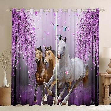 Imagem de Cortinas para meninos cavalo flor de cerejeira crianças mulheres lavanda roxo cortinas de janela para quarto sala de estar meninas adolescentes galopando cavalo janela cortinas decoração animal