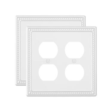 Imagem de TREEWELL Pacote com 2 capas duplas de tomada, placas de interruptor de metal e tampas de tomada, placas de parede decorativas de pérolas brancas puras para tomadas elétricas, capa de receptáculo para