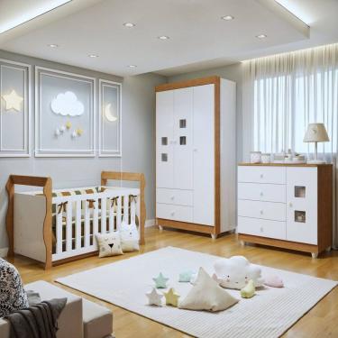 Imagem de Quarto de Bebê Completo com Guarda-Roupa Berço e Cômoda Bibi Amadeirado/Branco