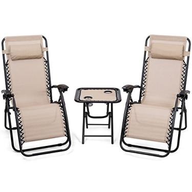 Imagem de Giantex 3 peças de cadeira de gravidade zero, espreguiçadeiras, espreguiçadeiras, ambientes externos, quintal, piscina, reclinável, dobrável, conjunto de cadeiras de quintal (bege)
