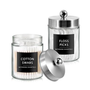 Imagem de SheeChung Dispensador de suporte Qtip para organizador de banheiro e decoração de fazenda - Pote de boticário de vidro elegante com tampa e adesivos de aço inoxidável, armazenamento de bancada de