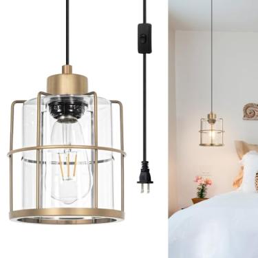 Imagem de DSMJFU DSMJFU Luminária Pendente Industrial Moderna Com Encaixe, Abajur De Vidro Transparente Com Cabo De Encaixe, Luminárias Suspensas Com Encaixe Em Gaiola Dourada Para Ilha De Cozinha, Sala De Ja