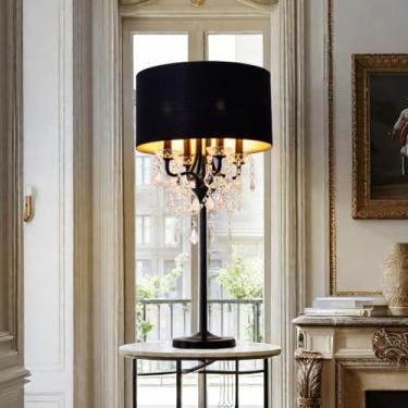 Imagem de Wellmet Abajur De Mesa De Cristal Preto Com Abajur Drum Shade, Abajur De Mesa Com Abajur Preto E Dourado De 4 Luzes, Luminária De Mesa Com Base De Vela, Para Sala De Estar, Quarto, Sala De Leitura,