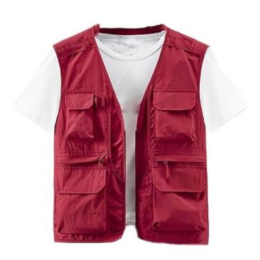 Imagem de Colete De Pesca De Caça Com Zíper De Malha Respirável Sem Mangas Masculino Com Vários Bolsos, Coletes Leves Para Fotografia Viagem E Trabalho Ao Ar Livre No Verão, Para Caminhadas, Caça(Red,4X-Large)