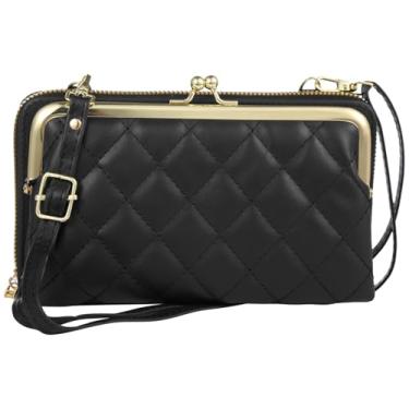 Imagem de Carteira Kiss Lock, bolsa transversal pequena com alça destacável, bolsa clutch fina acolchoada preta, porta-cartão de crédito de couro PU, capa para cartão de identificação para mulheres, Preto