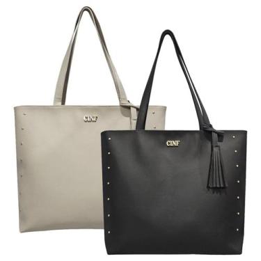 Imagem de Bolsa Sacola Feminina Grande De Ombro Kit 2 Peças - CINF, Preto, Marfi