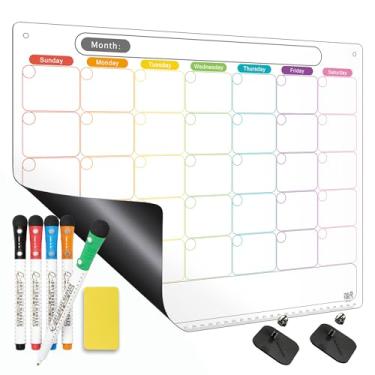 Imagem de Mag-Fancy Kit de calendário apagável a seco - Calendário magnético para geladeira - Quadro branco mensal com ímã extragrosso incluído 5 marcadores, borracha e ganchos adesivos para pendurar na parede