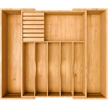 Imagem de Organizador de gaveta de cozinha expansível premium – Bandeja organizadora 100% bambu – Ótimo para talheres, utensílios grandes, talheres, talheres – 8 compartimentos com bloco de facas – se encaixa