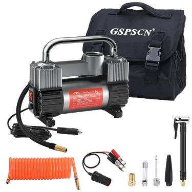 Imagem de GSPSCN Inflador de pneu, cilindros duplos resistentes, compressor de ar portátil de metal DC 12 V, bomba de pneu de 150 PSI com adaptador para carro, caminhão, pneus SUV, bote, colchão de ar, etc. (titânio)