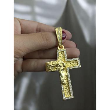 Imagem de Pingente Cruz Rosto Jesus Cristo Cravejada G Banhado Ouro