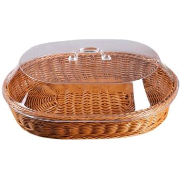 Imagem de Cesta de pão de vime imitação de vime cesta de vime com tampa cestas de pão de tecido oval para servir cesta de frutas para piquenique de vegetais restaurante cozinha 13,78x2,84 x 4,9 polegadas