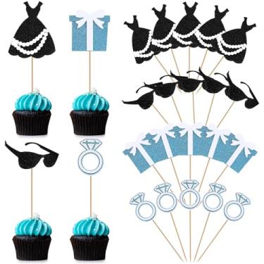 Imagem de Jingmore 24 Pcs Teal Blue Party Cupcake Topper Princess Dress Diamond Ring Gift Box Vintage Sunglasses for Wedding Bridal Shower Party Cake Decoration Supplies
