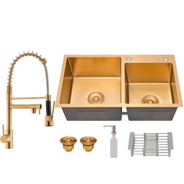 Imagem de Kit Cuba Dupla Aço Inox C/ Torneira Flexível Gourmet Cozinha Dourada -