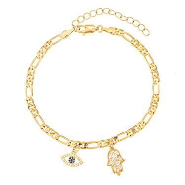 Imagem de Tornozeleira com pingente de mão Hamsa com olho turco para mulheres adolescentes, delicadamente feita à mão, pendurada lateralmente, ouro 14 quilates/prata 18 K, joia minimalista, 9 Inch, Metal