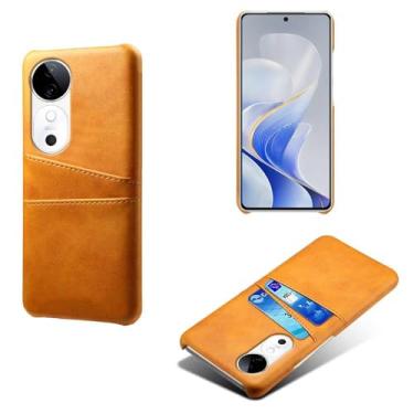 Imagem de Capas Compatível com VIVO S19 5G,Caso de couro PU-Tampa de telefone a prova de choque com 2 slots de cartão,Proteção anti-impressão digital e anti-gota-Yellow