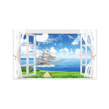 Imagem de Paisagem Impressões em Tela-Pássaro barco-Janela Falsa Quadro de Parede-Natureza Pintura para Decoração Banheiro 30x50cm Sem Moldura