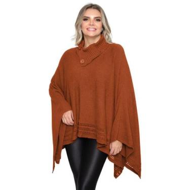 Imagem de Poncho Feminino Tricot Mousse Liso Gola Alta Casaco Lã Inverno - Rosil