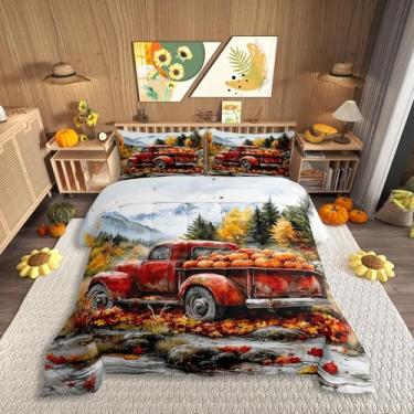 Imagem de Conjunto de edredom casal de caminhão de abóbora, árvores e folhas de bordo para crianças, casa de fazenda rústica, aquarela, natureza, edredom de plumas, 3 peças, 2 fronhas